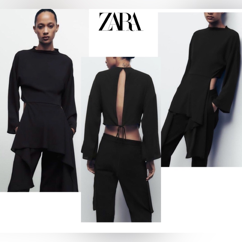 Zara Black Asymmetric Flowing Cut Out Open Back Blouse Top Tie Back NWOT